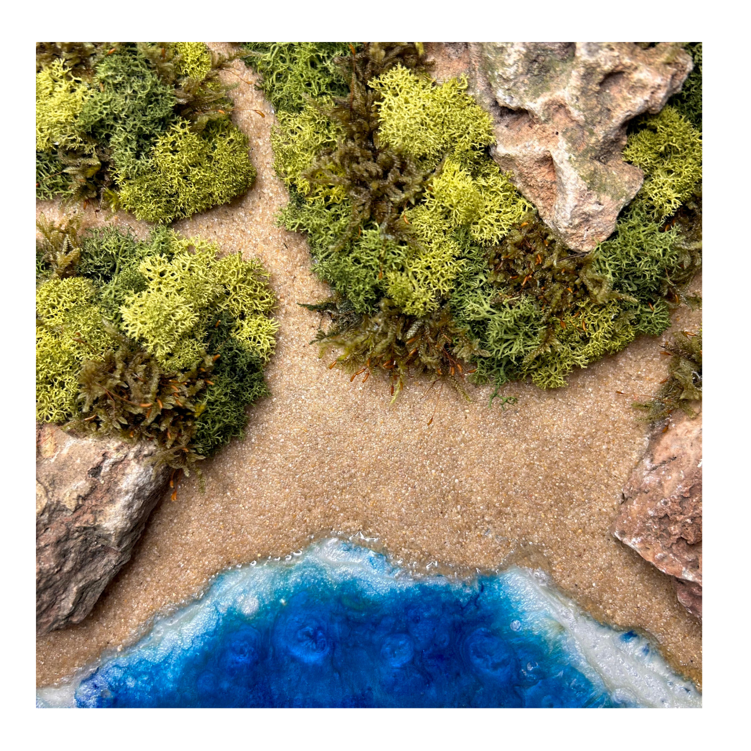 Detailansicht: Moos- und Meerbild "Wege zum Meer" im natürlichen runden Holzrahmen mit Sandstrand, kleinen Pfaden, hellen Steinen und einem Meer aus blauem Epoxidharz. Mit viel Liebe zum Detail feinste Moosspitzen aus konserviertem Moos eingebaut.