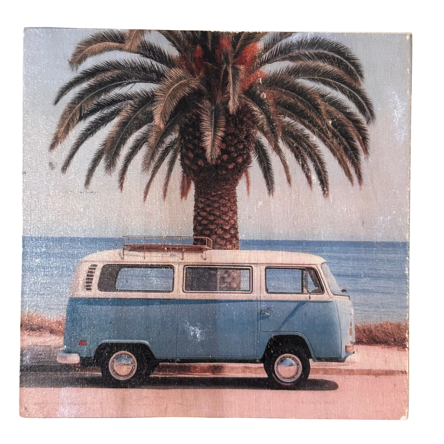 Holzbild "Vanlife, Palmen und Meer" - 15x15cm | Handgemachter Foto-Transfer auf Holz