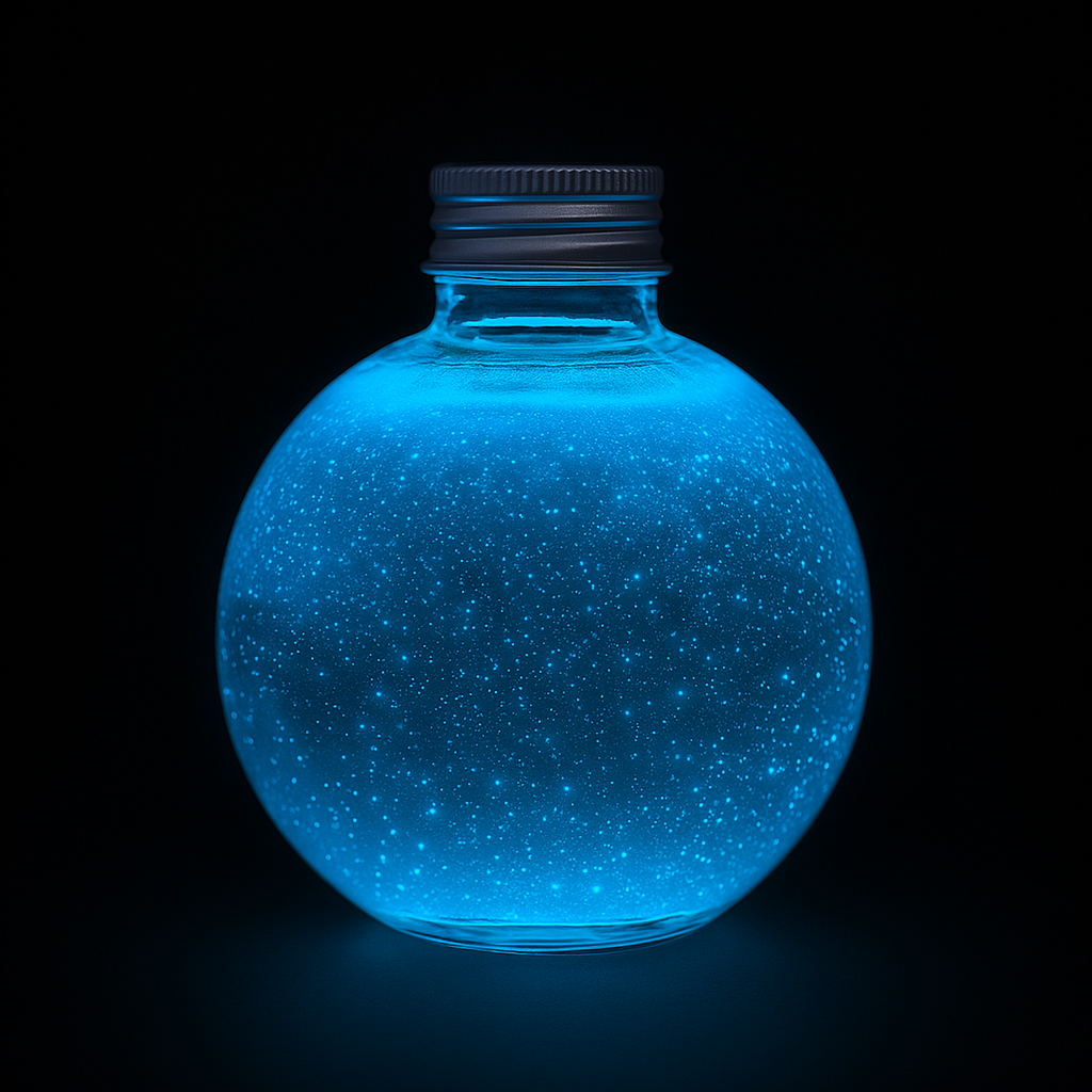 Leuchtalgen Pyrocystis lunula in der 250ml Flasche - dein Meeresleuchten für Zuhause. Es handelt sich um Algen, die im Dunkeln leuchten.