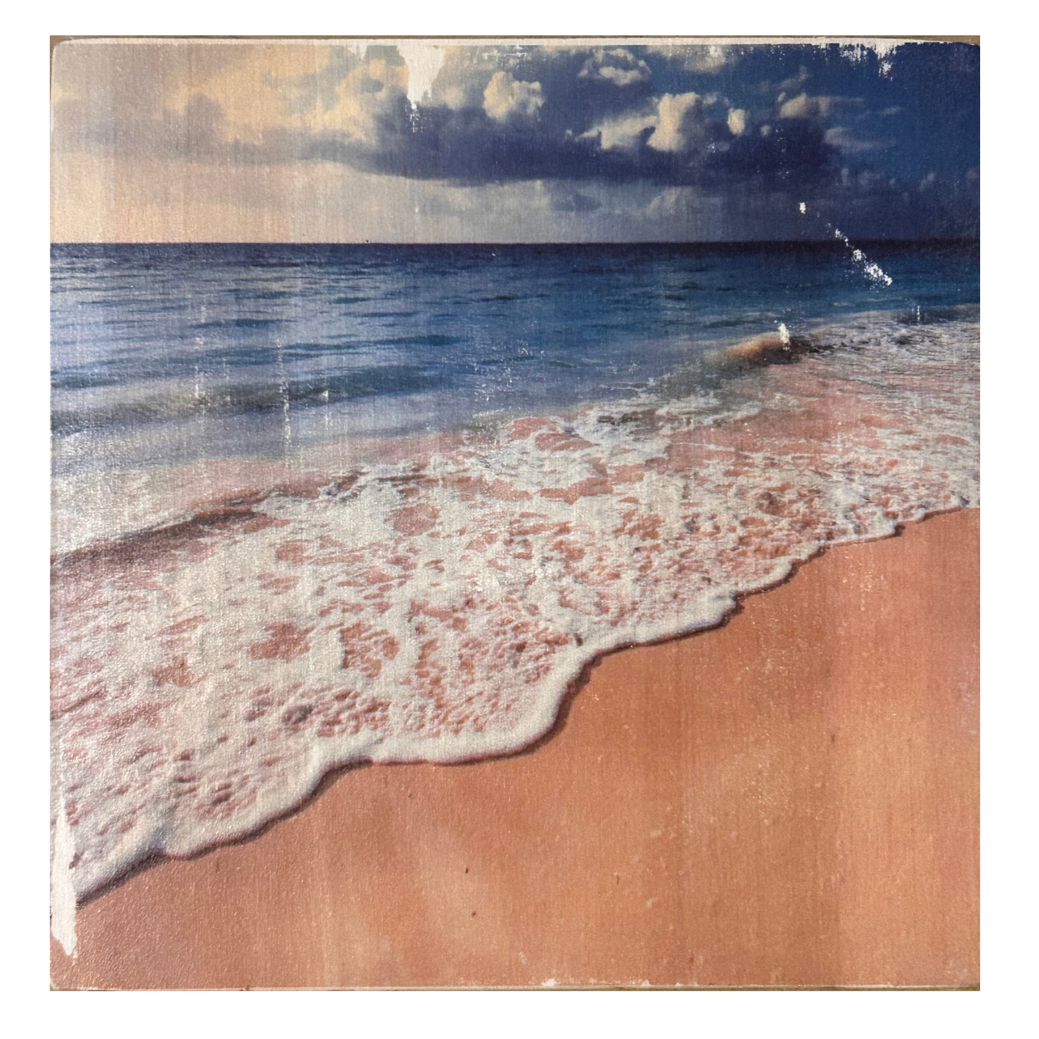 Holzbild "Sandstrand Geflüster" - 15x15cm | Handgemachter Foto-Transfer auf Holz