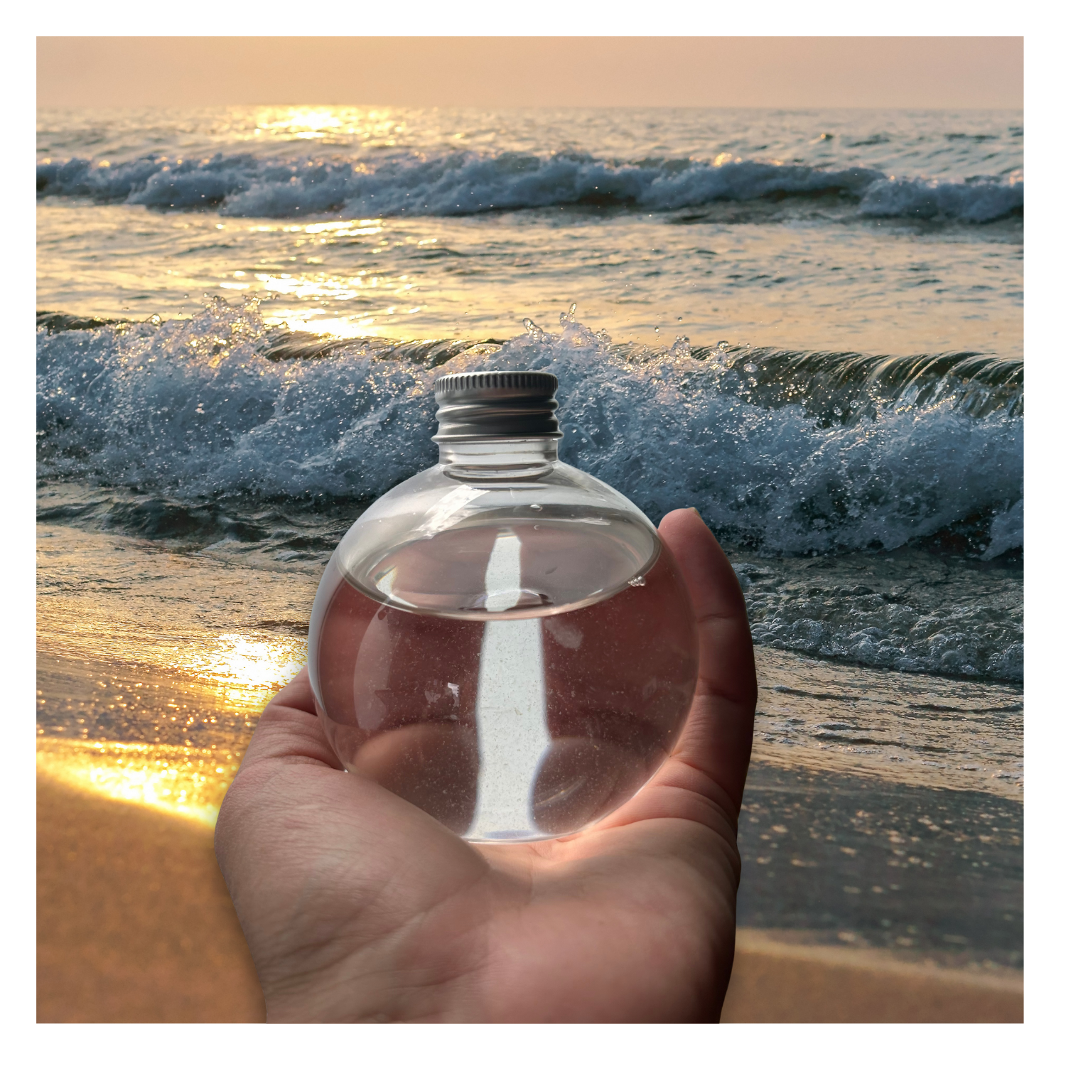 Unscheinbar - hier siehst du die Flasche mit den Meeresleucht-Tierchen (Dinoflagelaten) am Tage. Das Wasser enthält kleinste Schwebeteilchen (die Leuchtalgen Pyrocystislunula). Sie sehen aus wie kleine rostrote Punkte. Nachts entfalten sie bei Bewegungsimpulsen (schütteln oder Wellen) ihre Biolumineszenz.