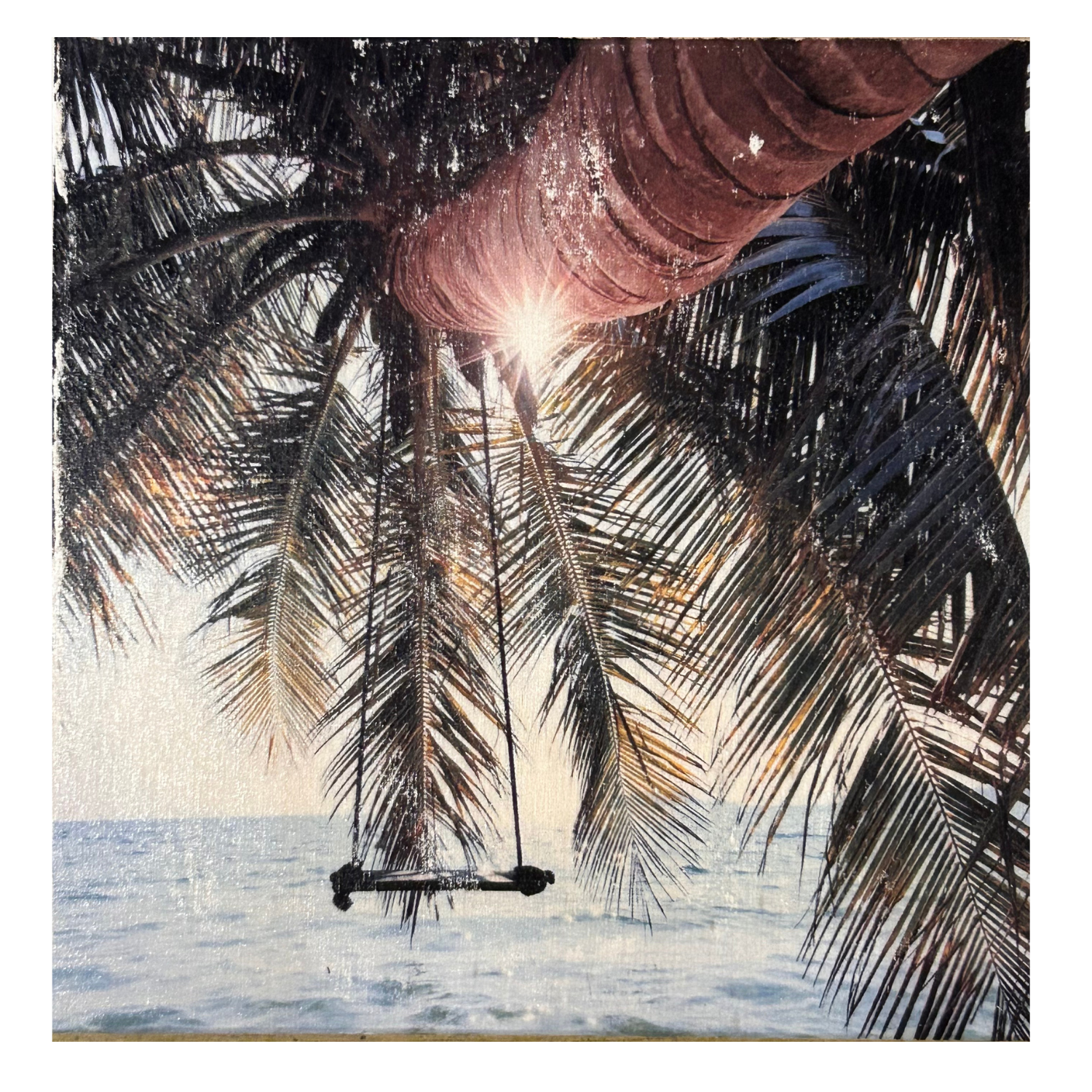 Holzbild "Palmen-Schaukel" - 15x15cm | Handgemachter Foto-Transfer auf Holz