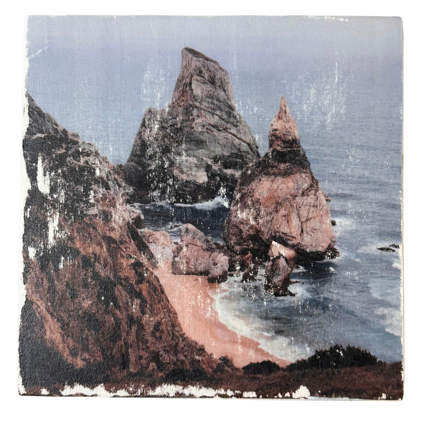 Holzbild "Raue Küste" - 15x15cm | Handgemachter Foto-Transfer auf Holz
