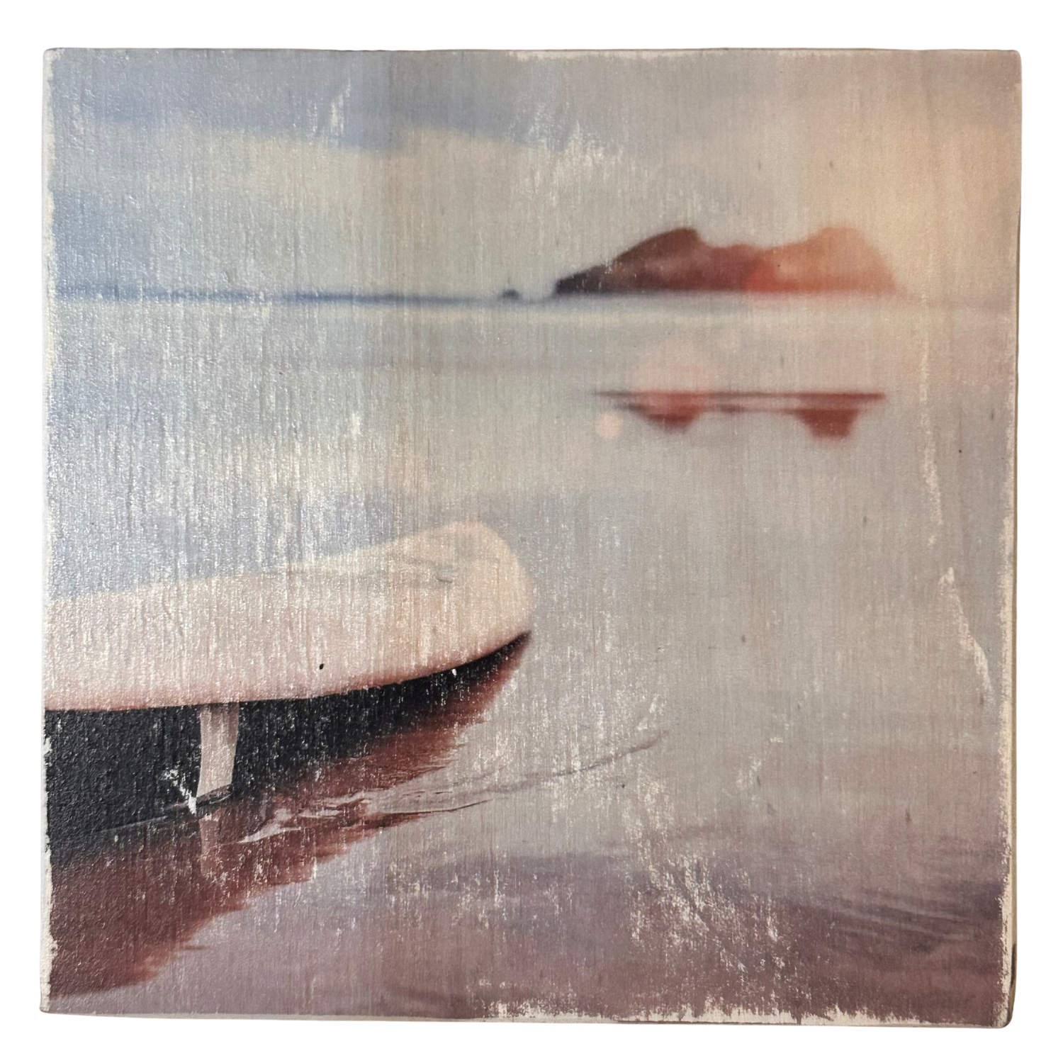 Holzbild "Surfbrett am Meer" - 15x15cm | Handgemachter Foto-Transfer auf Holz