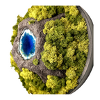 Moosbild mit einem modellierten Vulkan. In der Mitte des Vulkans ist ein blauer See