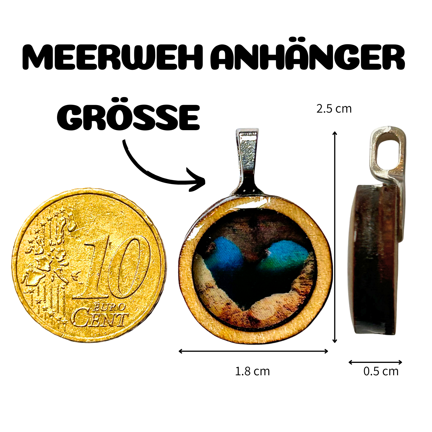 Meerweh-Anhänger Maße: 1,8cm Durchmesser, 2,5cm hoch inklusive Anhänger aus Metall, 0.5cm tief. Material: Holz, farbiges Bild, Resin, Metall-Anhänger
