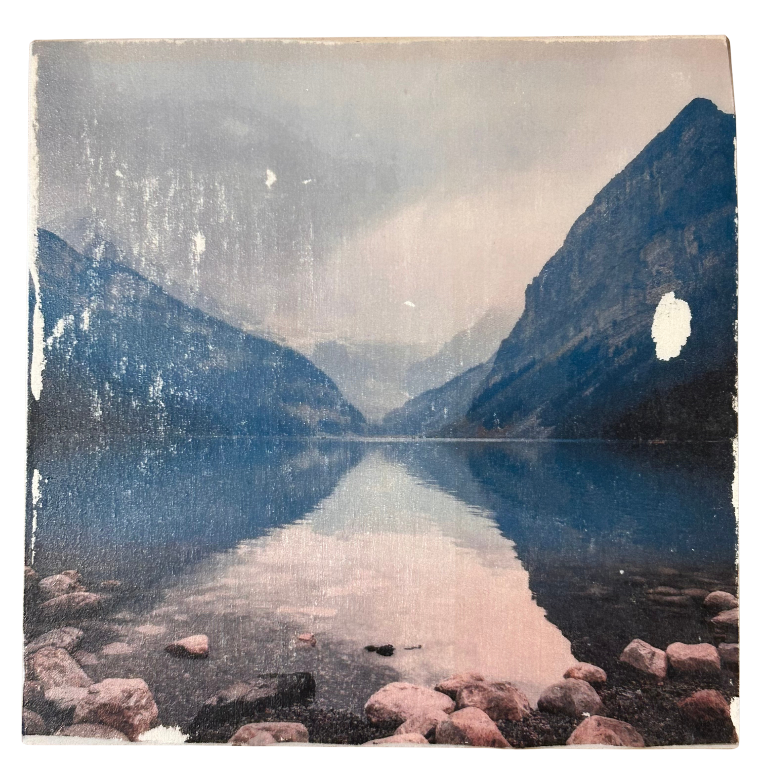Holzbild "Bergsee" - 15x15cm | Handgemachter Foto-Transfer auf Holz