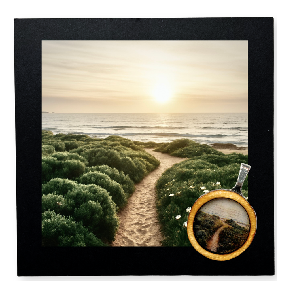 Handgemachter Holzanhänger mit Dünenpfad-Motiv in Resin gegossen. Unperfekt und alles selbst gemacht, mit handgefertigter Karte mit Spruch "Follow the Sun". Der Anhänger ist auf der Karte aufgeklebt und kann leicht abgelöst werden. Dazu gibt es zwei Bänder zum selber knoten, je 50cm lang. 