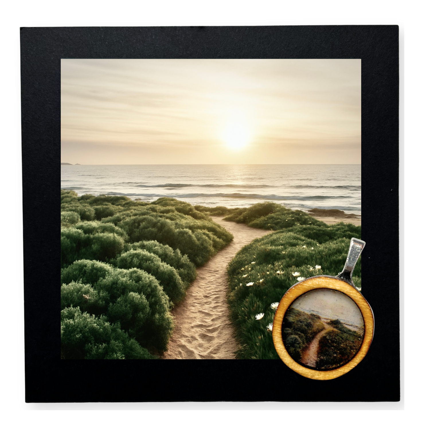 Handgemachter Holzanhänger mit Dünenpfad-Motiv in Resin gegossen. Unperfekt und alles selbst gemacht, mit handgefertigter Karte mit Spruch "Follow the Sun". Der Anhänger ist auf der Karte aufgeklebt und kann leicht abgelöst werden. Dazu gibt es zwei Bänder zum selber knoten, je 50cm lang. 