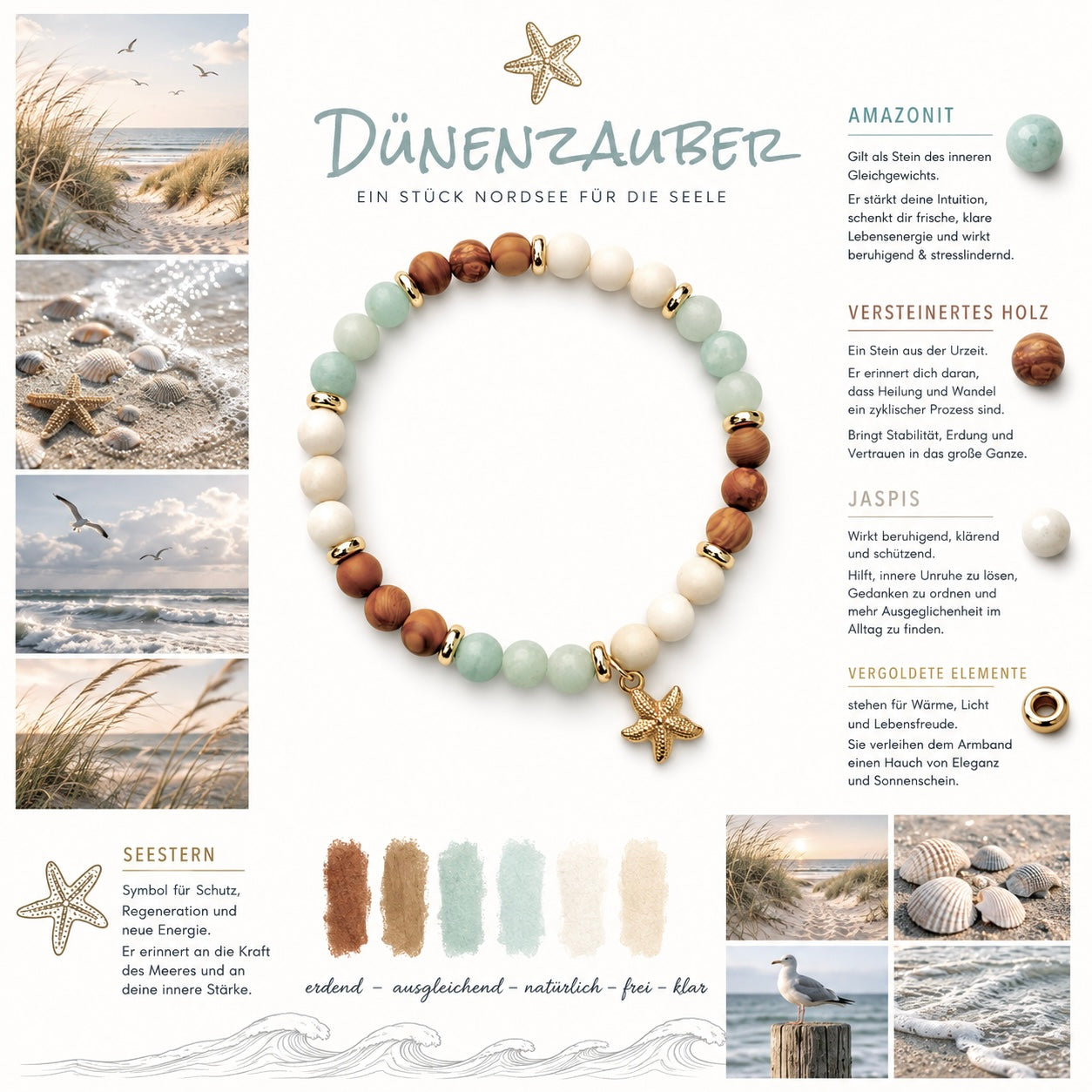 Moosboard für mein Edelsteinarmband "Dünenzauber" mit weißem Jaspis, versteinertem fossilen Holz, Amazonit und einem vergoldeten Seestern-Anhänger sowie vergoldeten Elementen. Ein Hauch Nordsee für dein Handgelenk. (