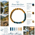 Moodboard zum Edelsteinarmband "Fluss der Zeit" mit blauem Tigerauge und versteinertem, fossilen Holz sowie vergoldeten Elementen. 