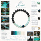 Moodboard zum Edelsteinarmband "Lagunge" von Moos und Meer: Edelstein Armband "Vulkansee" mit Lava, Amazonit, blauem Tigerauge und vergoldeten Elementen. 