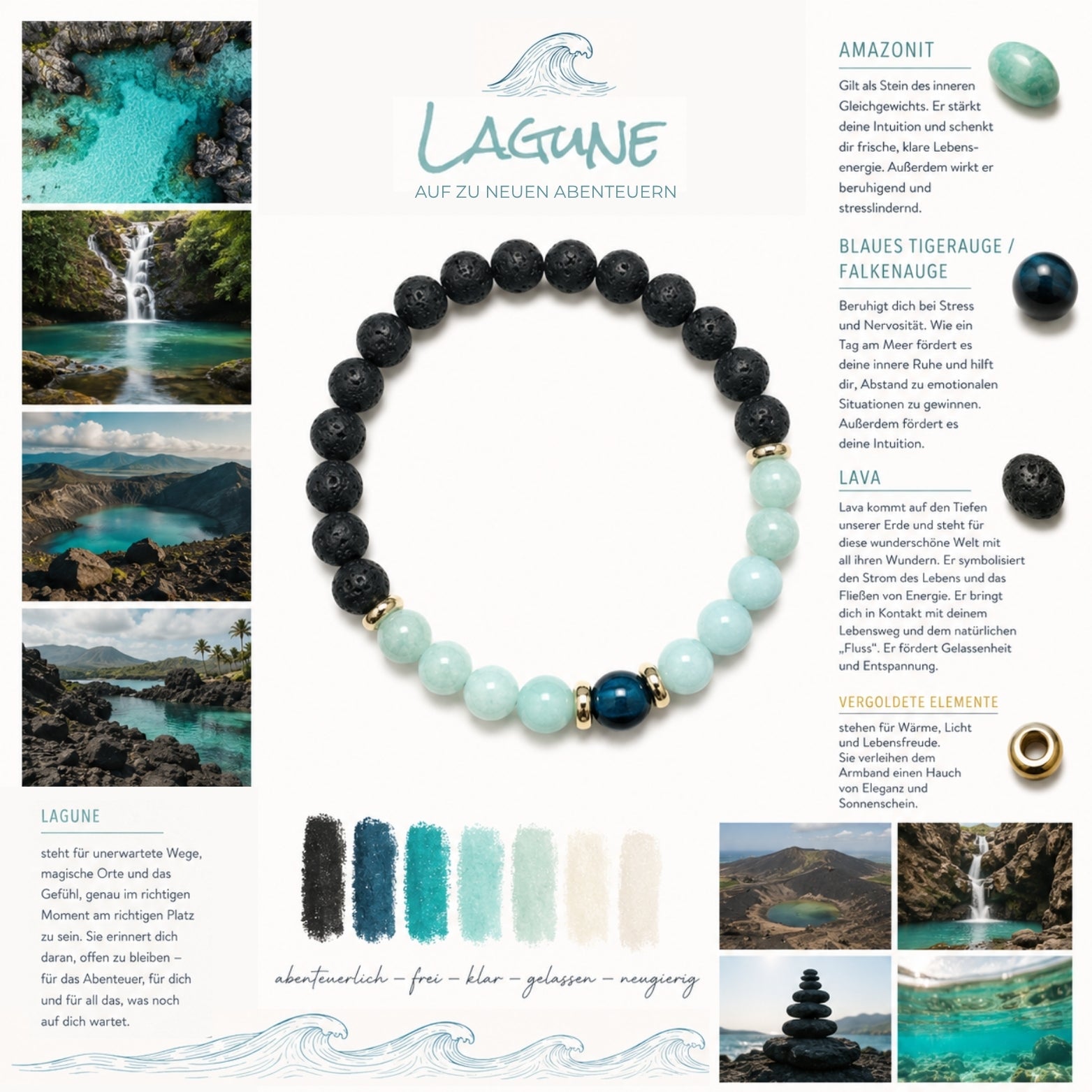 Moodboard zum Edelsteinarmband "Lagunge" von Moos und Meer: Edelstein Armband "Vulkansee" mit Lava, Amazonit, blauem Tigerauge und vergoldeten Elementen. 