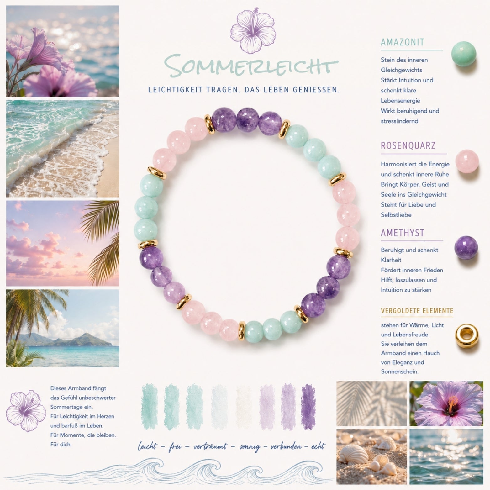 Moodboard zum Edelsteinarmband "Sommerleicht" mit Amazonit, Amethyst und Rosenquarz sowie vergoldeten Elementen. Ein Hauch Dolce Vita für dein Handgelenk. 