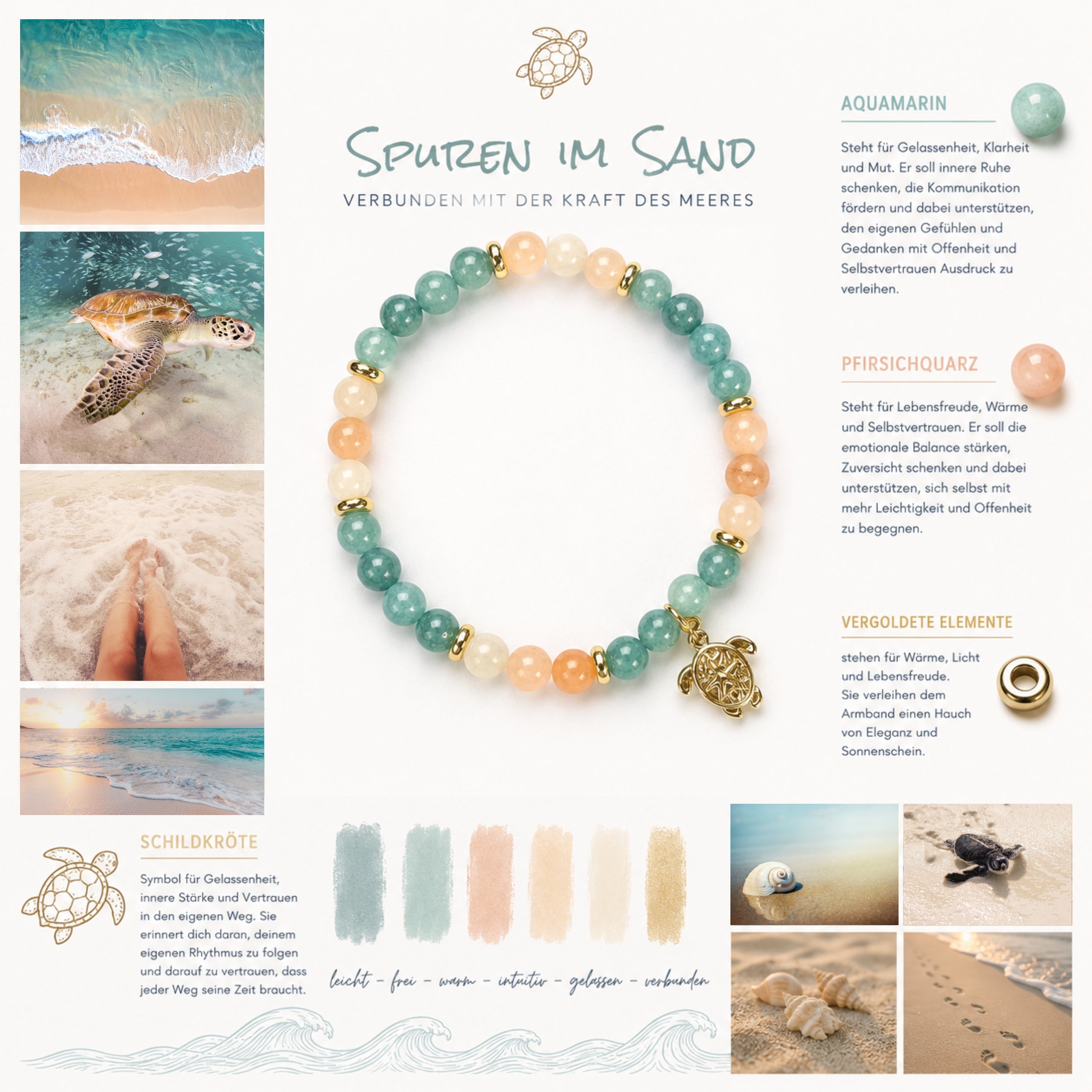 Moosboard zu meinem Edelsteinarmband "Spuren im Sand" mit Aquamarin, Pfirsichquarz (Peach Quartz) und einem vergoldeten Schildkröten-Anhänger sowie vergoldeten Elementen. Ein Hauch Meer für dein Handgelenk.
