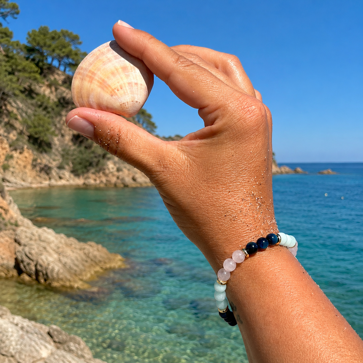 Tragefoto: Edelsteinarmband "Tag am Meer" mit Amazonit, blauem Tigerauge und Rosenquarz sowie vergoldeten Elementen. Wie ein Tag am Meer, voller Leichtigkeit, Entspannung und Freude. 