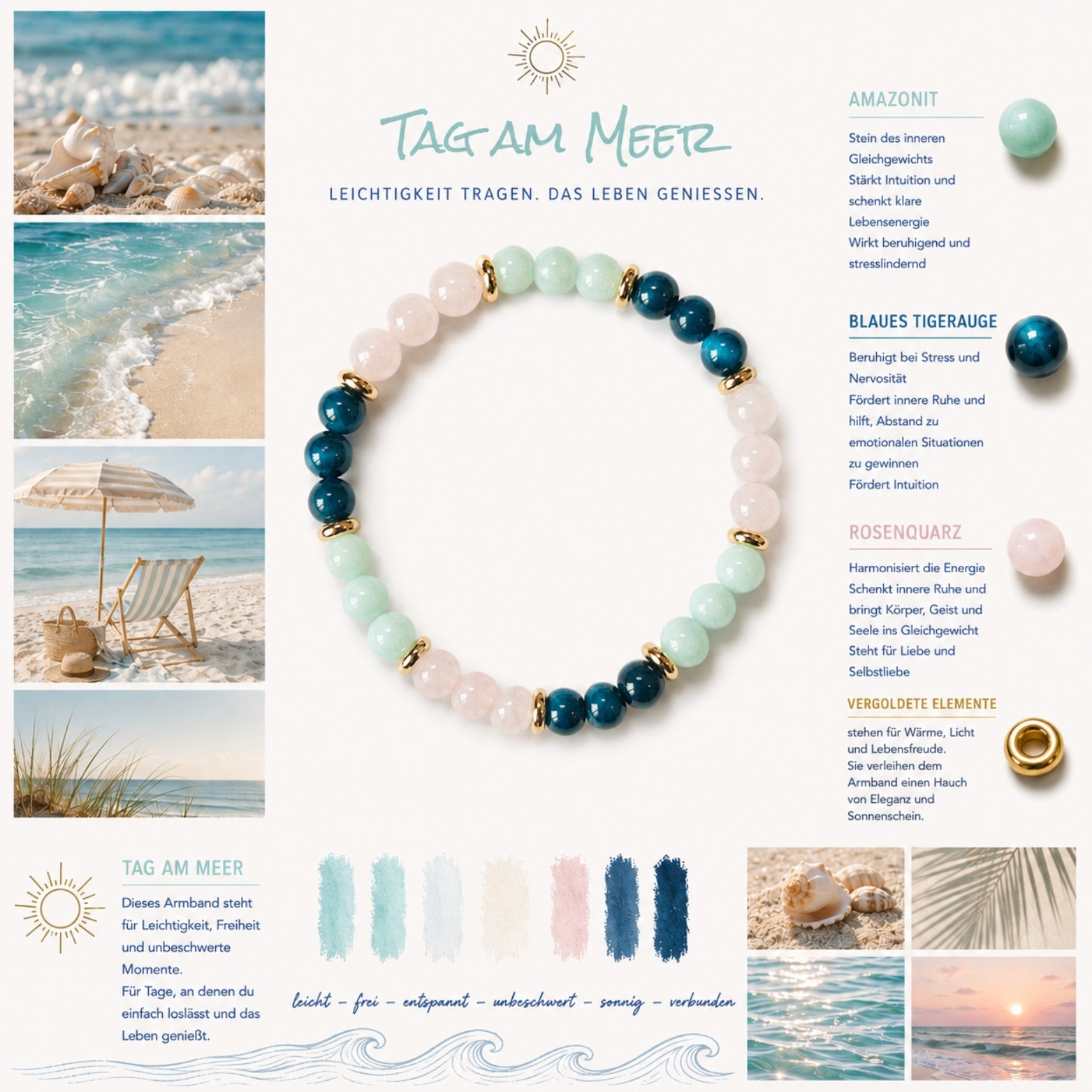 Moodboard zum Edelsteinarmband "Tag am Meer" mit Amazonit, blauem Tigerauge und Rosenquarz sowie vergoldeten Elementen. Wie ein Tag am Meer, voller Leichtigkeit, Entspannung und Freude. 