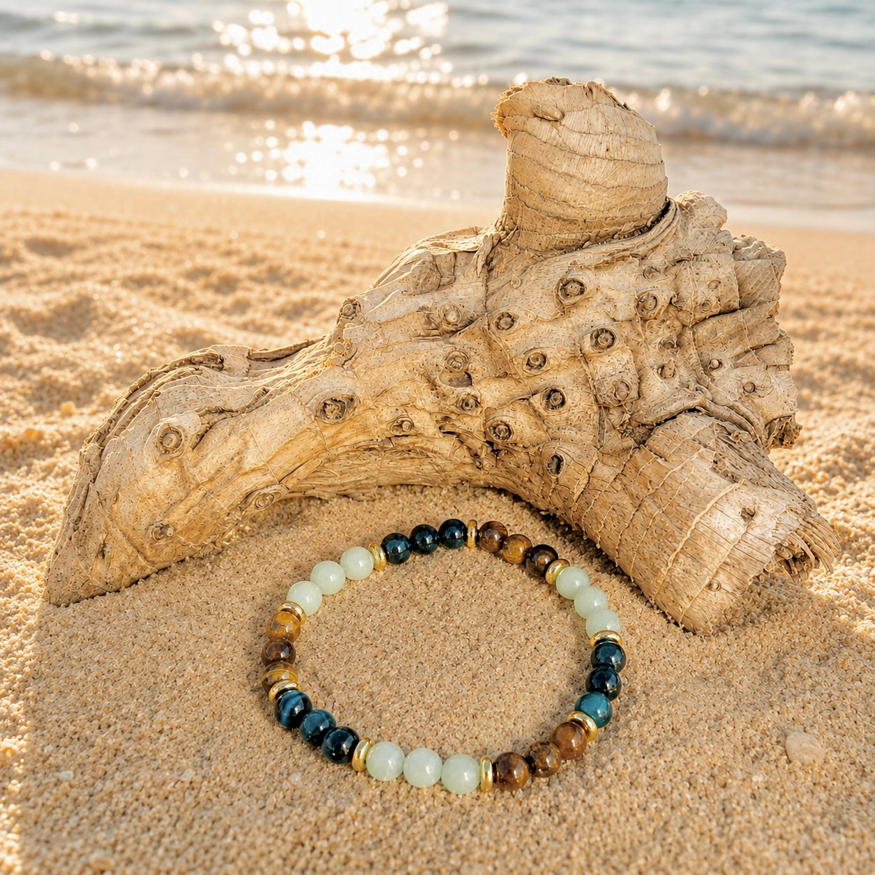 Edelsteinarmband mit blauem Tigerauge (Falkenauge), braunem Tigerauge, Amazonit und vergoldeten Elementen. Wie ein Tag am Meer, der dir Ruhe im Kopf schenkt. 