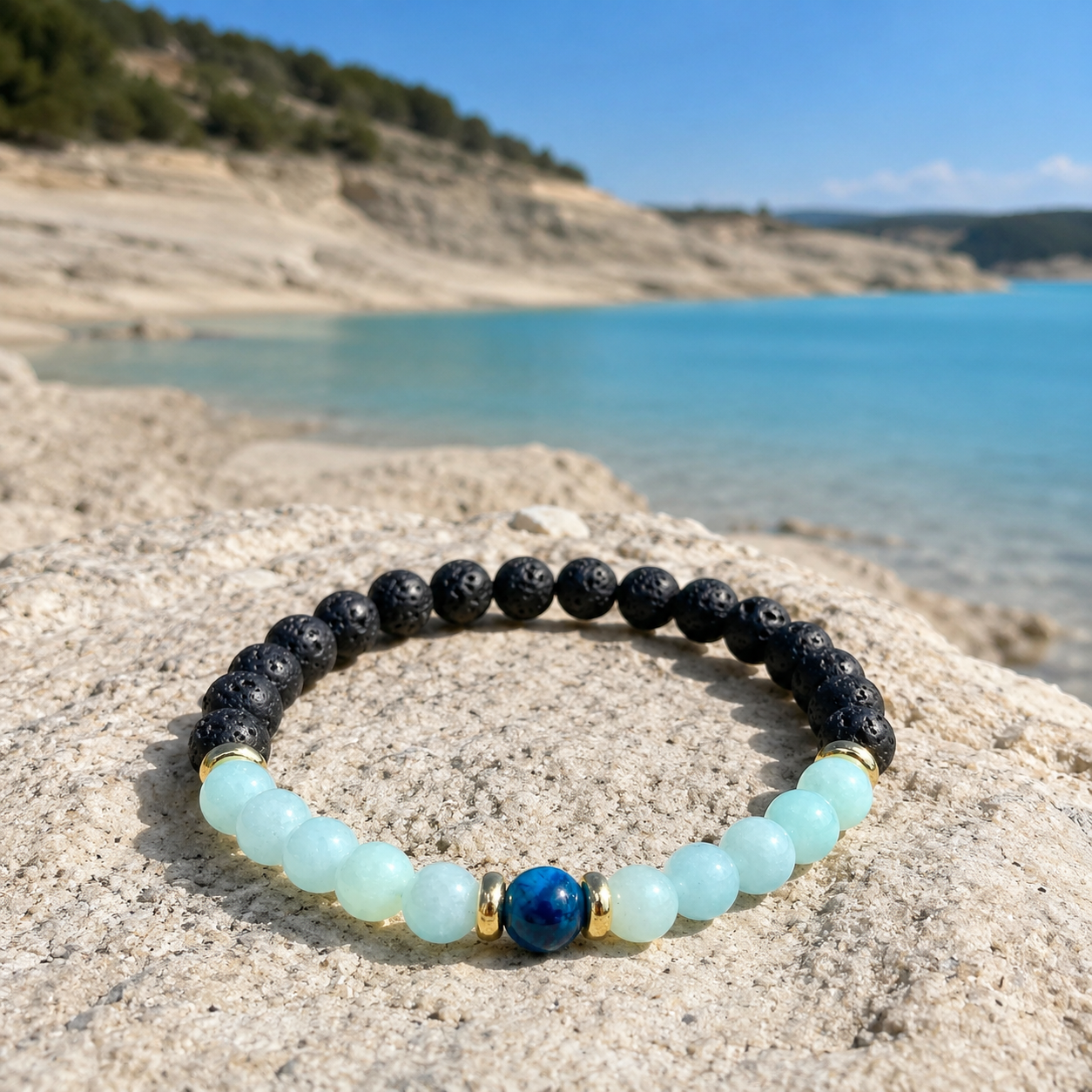 Edelstein Armband "Vulkansee" mit Lava, Amazonit, blauem Tigerauge und vergoldeten Elementen. Aufgenommen am Stausee "Embalse de Yesa" in den Pyrenäen. 