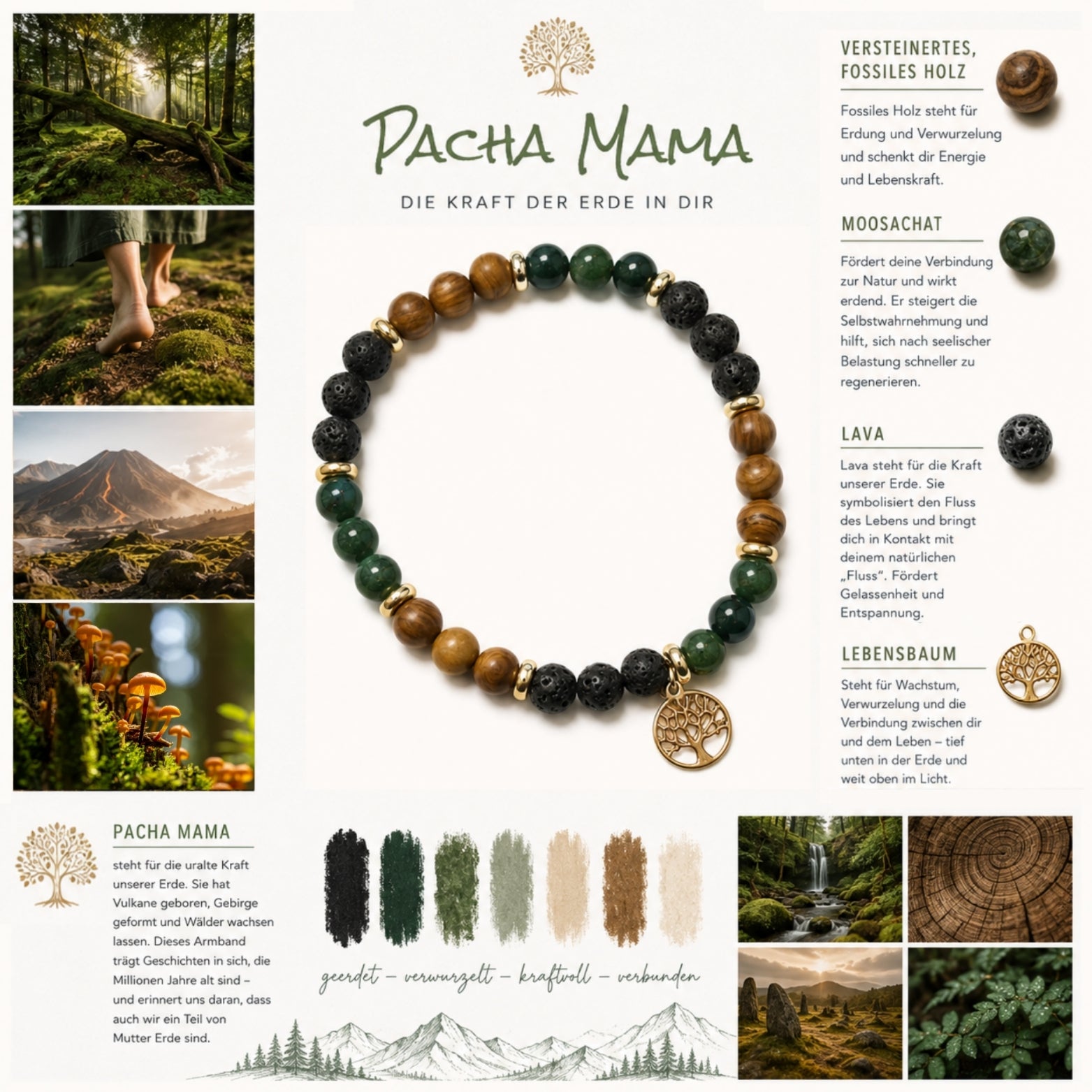 Moodboard zum Edelstein-Armband "Pacha Mama" : Armband mit versteinertem Holz, Moosachat, Lava und einem vergoldetem Lebensbaum-Anhänger. Das Armband erinnert an einen Wald, voller Magie und wirkt erdend. 