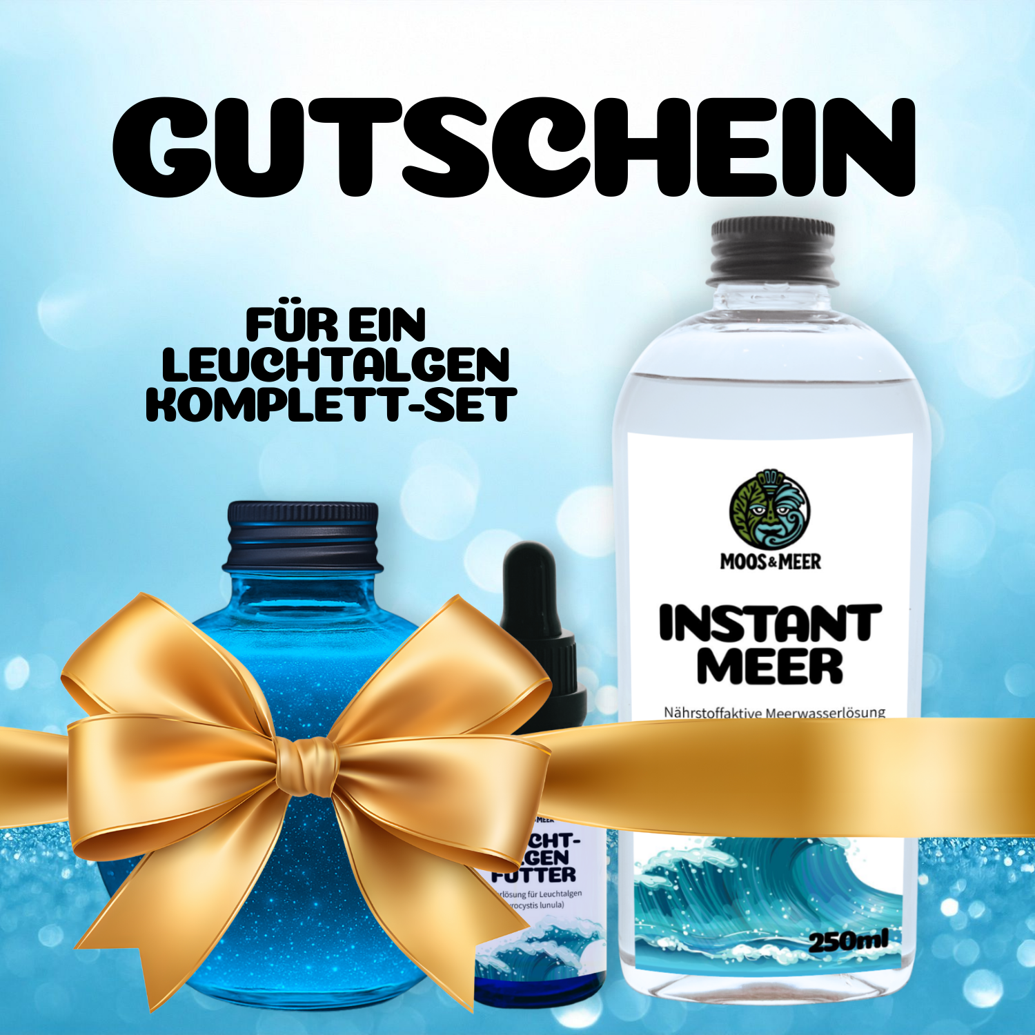 Vorlage für eine Gutschein zum Ausdrucken. Zum Verschenken eines Leuchtalgen-Komplett-Sets. Hier sieht man die Flasche mit Leuchtalgen, Instant Meer sowie Futter für Pyrocystis lunula und eine goldene Schleife drum herum. 