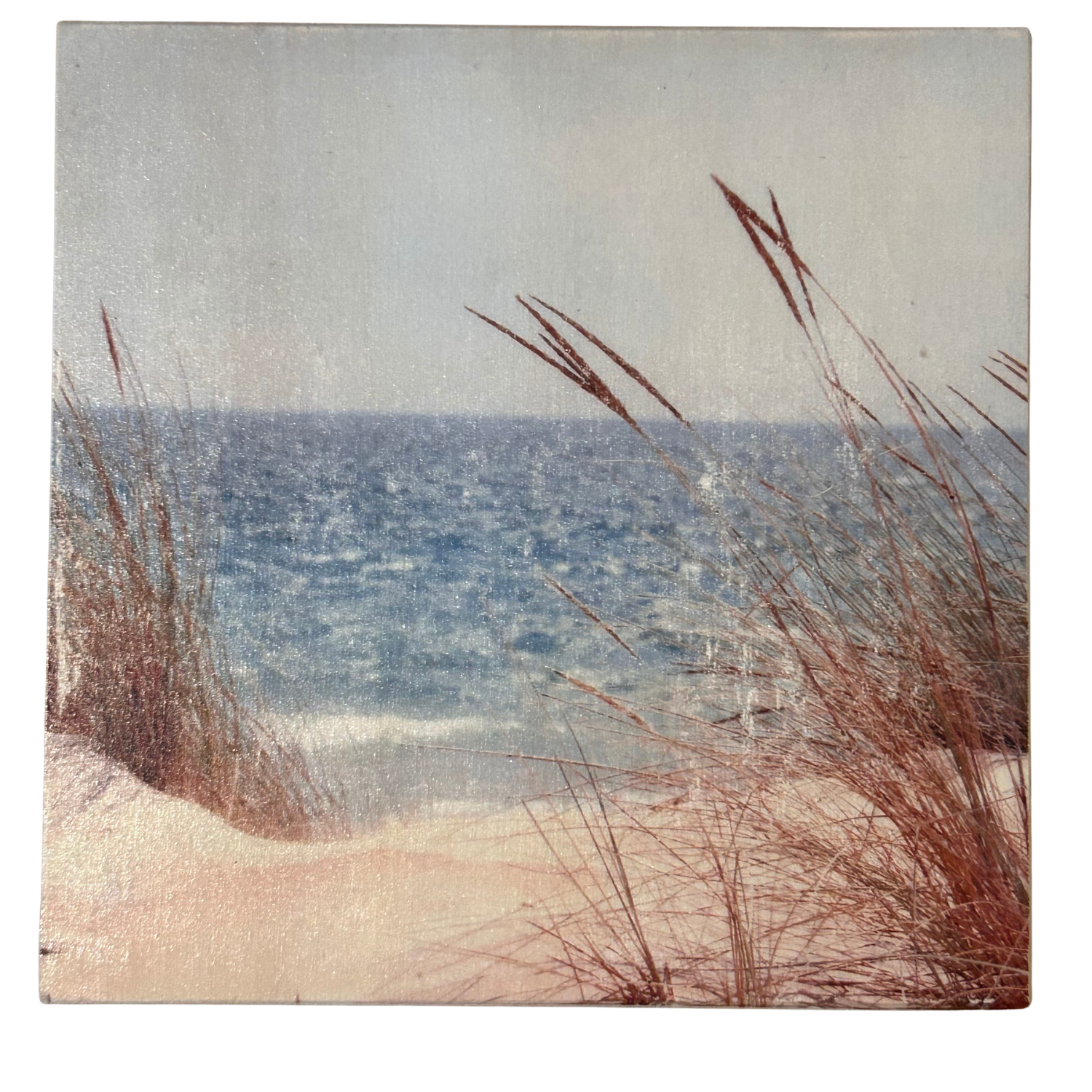 Holzbild "Dünen und Meer" - 15x15cm | Handgemachter Foto-Transfer auf Holz