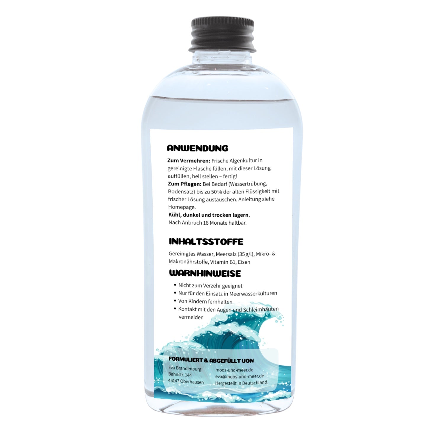 Rückseite der Instant Meer Flasche, zur Vermehrung von Dinoflagellaten (leuchtalgen) 