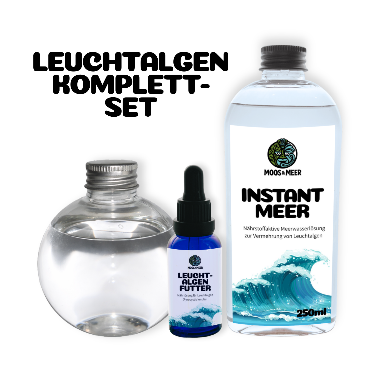 Set Meeresleuchten in der Flasche. Hier siehst du das Leuchtalgen-Komplettset mit Dinoflagellaten, Leuchtalgen-Futter und Instant Meer zur Vermehrung der Leuchtalgen Pyrocystis lunula. 