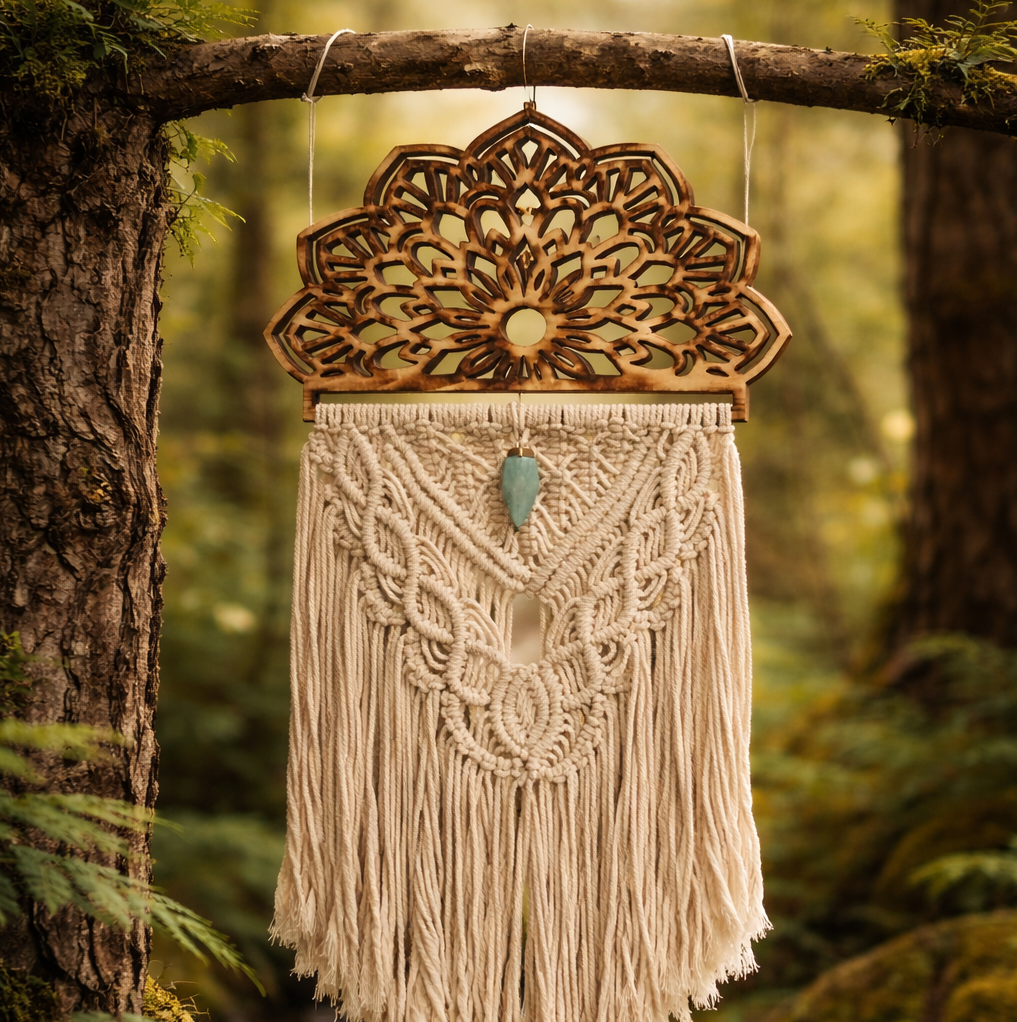 Makramee mit Mandala-Holzträger, naturfarbenem Baumwollgarn und Amazonit-Rohstein, handgeknüpft – fotografiert vor Waldhintergrund