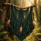 Dunkelgrünes Makramee an Naturholz, verziert mit Perlen und Federn. Das Makramee hängt an einem Baum im Wald. 