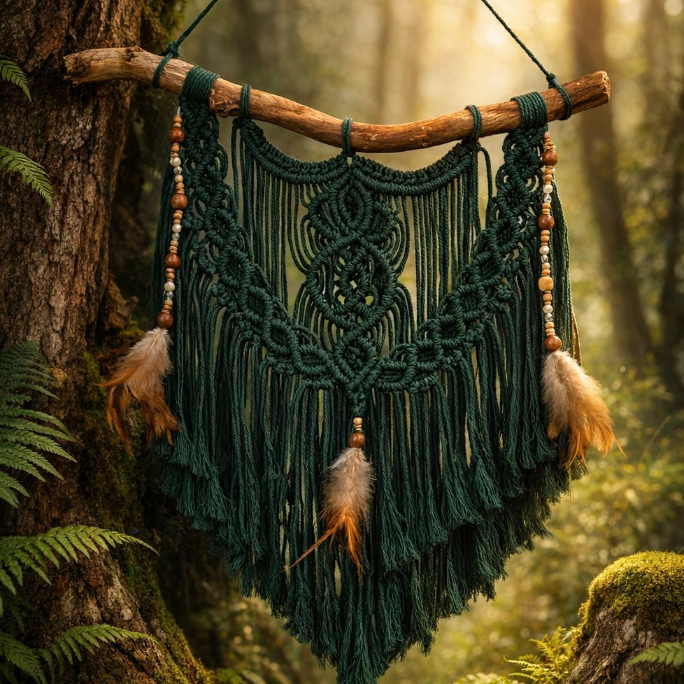 Dunkelgrünes Makramee an Naturholz, verziert mit Perlen und Federn. Das Makramee hängt an einem Baum im Wald. 