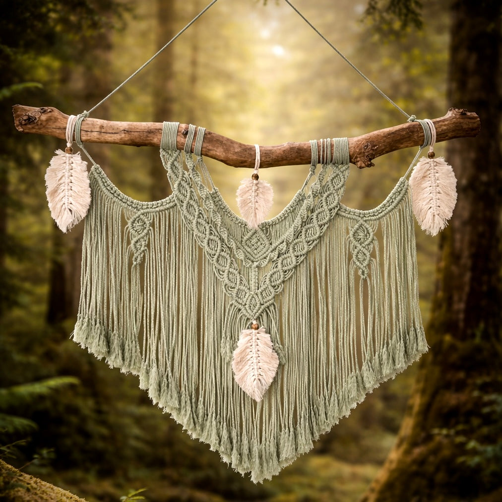 Handgeknüpftes Makramee in Salbeigrün mit Baumwollfedern und Treibholz, fotografiert vor Waldhintergrund – sanft, natürlich, handgemacht