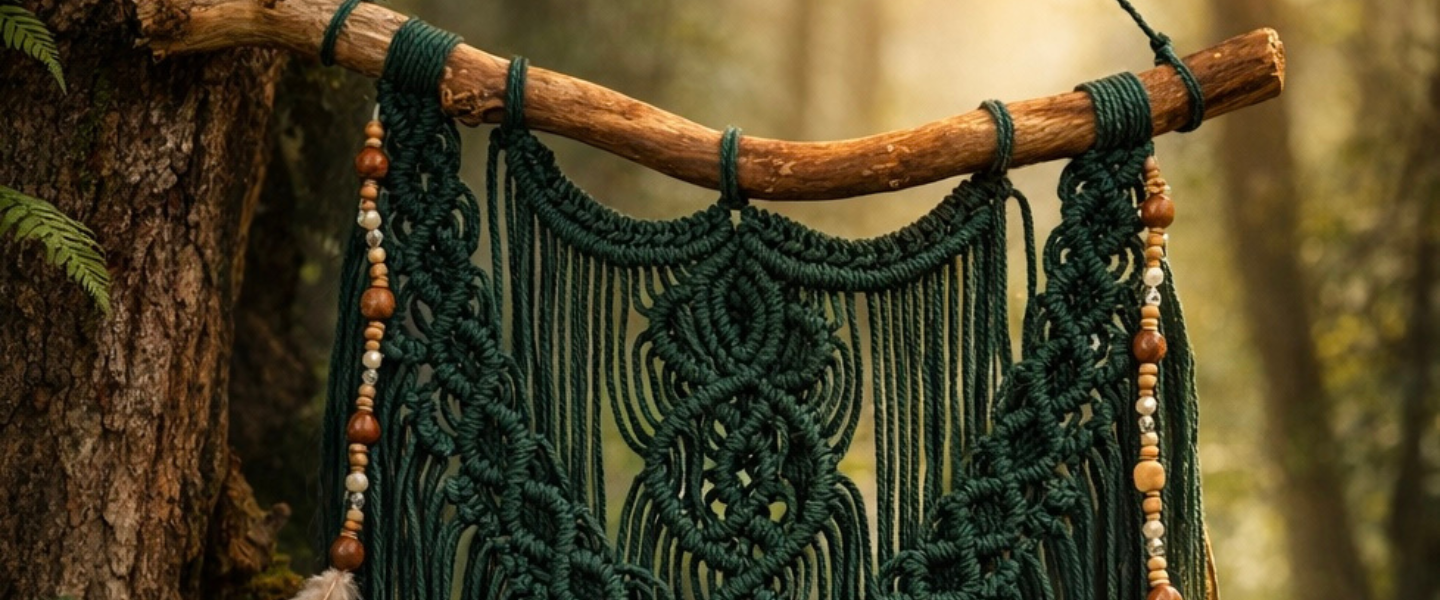 Banner von Moos und Meer für die Kategorie Makramee. Hier siehst du ein filigranes, grünes Makramee, an einen Naturholzstab geknüpft. Verziert mit Perlen und Federn. 