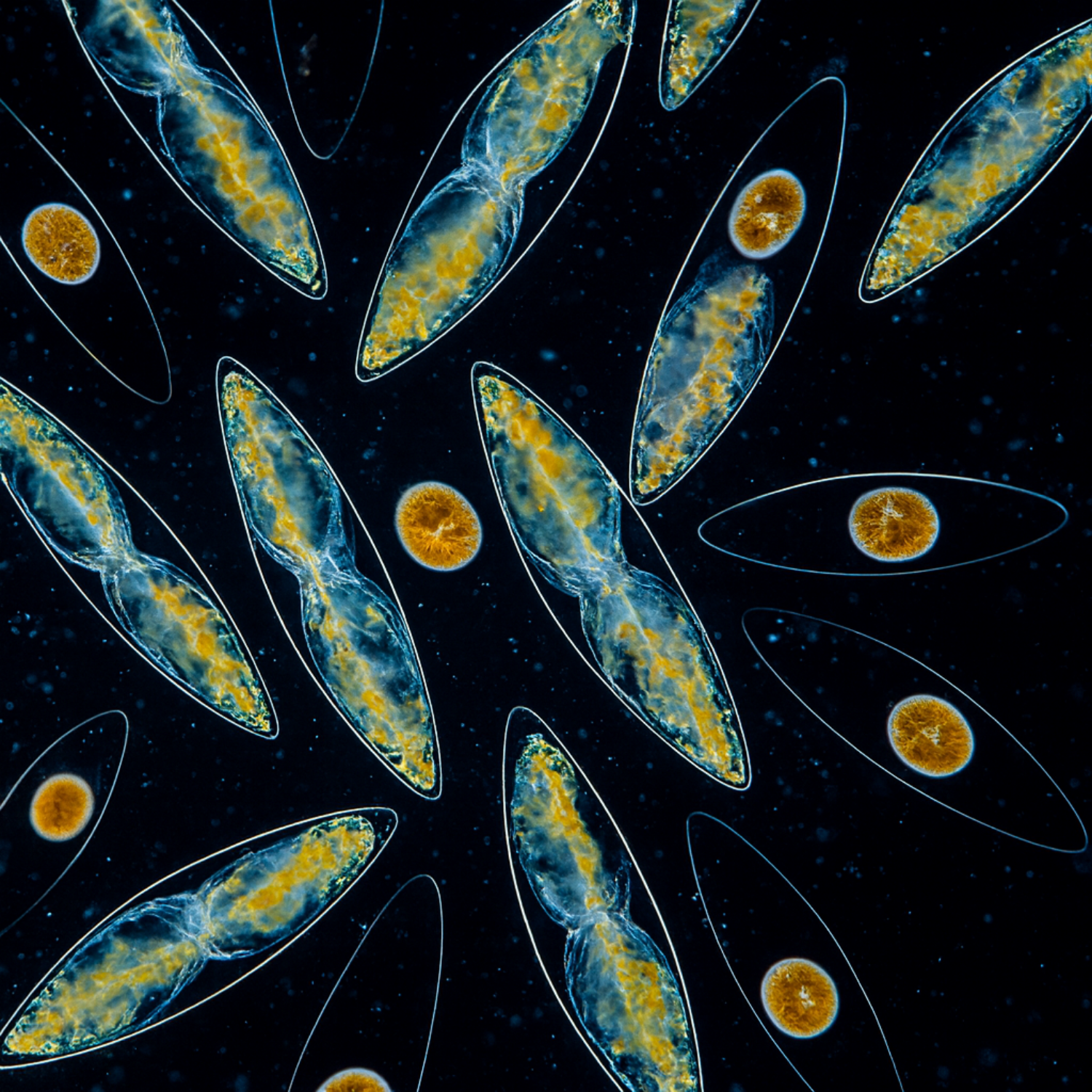 Hier siehst du eine Mikroskop-Aufnahme von Dinoflagelaten bei Tag - also Leuchtalgen namens Pyrocystis lunula. Tagsüber erscheinen sie braun-gelb, manchmal auch leicht rost- oder rosafarben. Sie sind in der Lage durch natürliche chemische Reaktionen ein nächtliches Leuchten herzustellen.