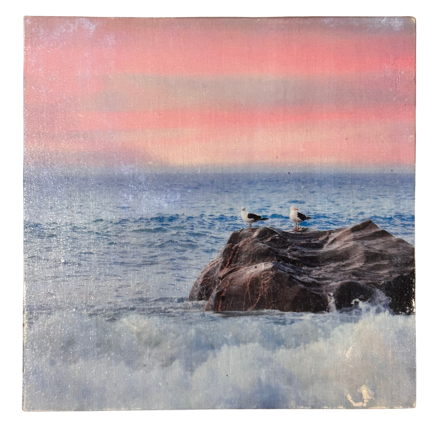 Holzbild "Sonnenuntergang mit Möwe" - 15x15cm | Handgemachter Foto-Transfer auf Holz