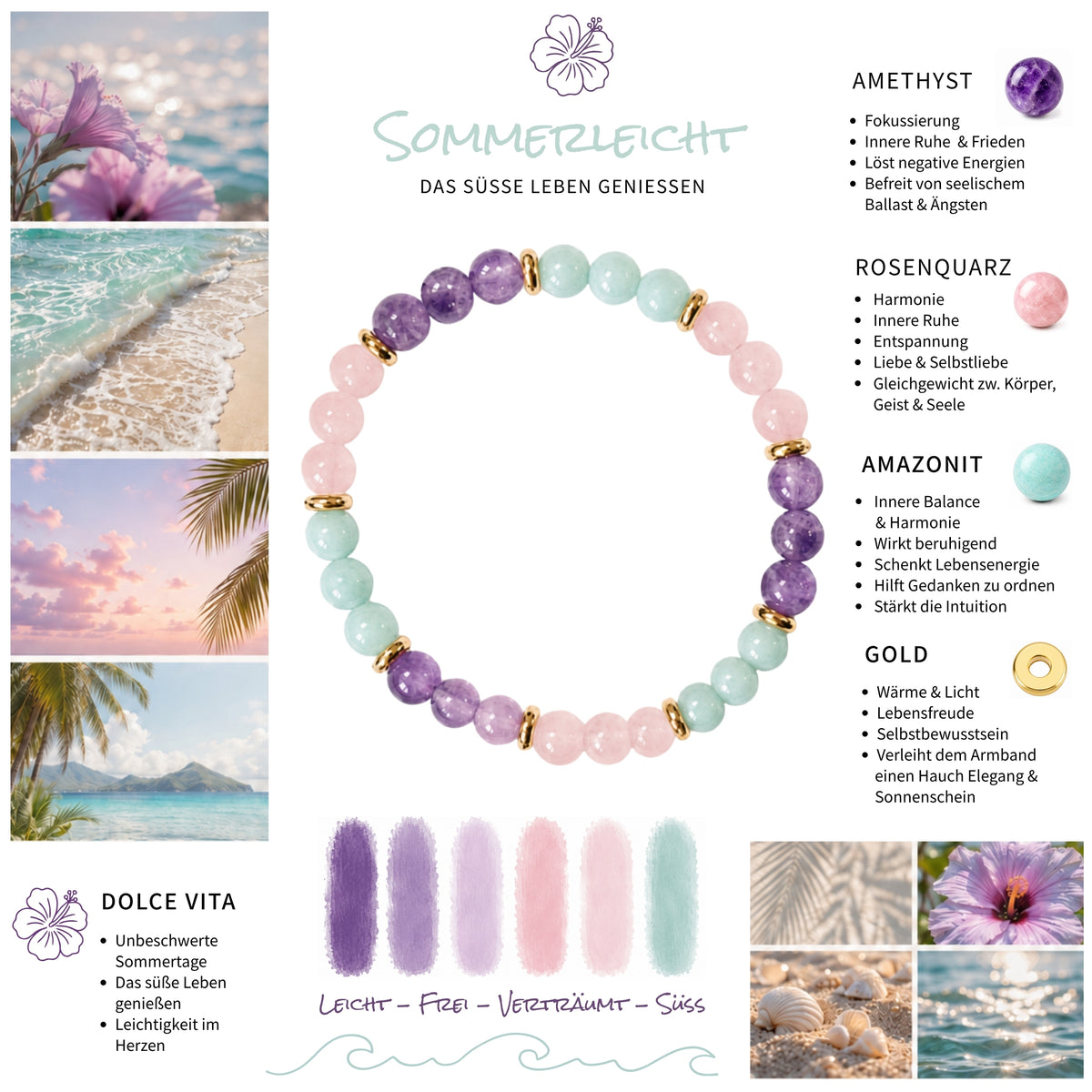 Moodboard zum Edelsteinarmband "Sommerleicht" mit Amazonit, Amethyst und Rosenquarz sowie vergoldeten Elementen. Ein Hauch Dolce Vita für dein Handgelenk. 