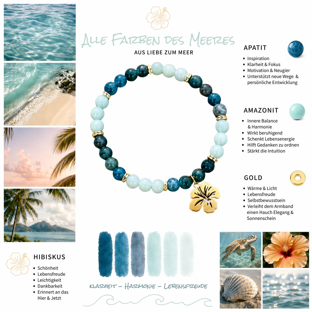 Moodboard zum Edelsteinarmband "Alle Farben des Meeres" und einer tiefen Verbindung mit dem Ozean. Armband mit Apatit, Amazonit und goldenen Elementen sowie einer vergoldeten Hibiskusblüte als Anhänger. 
