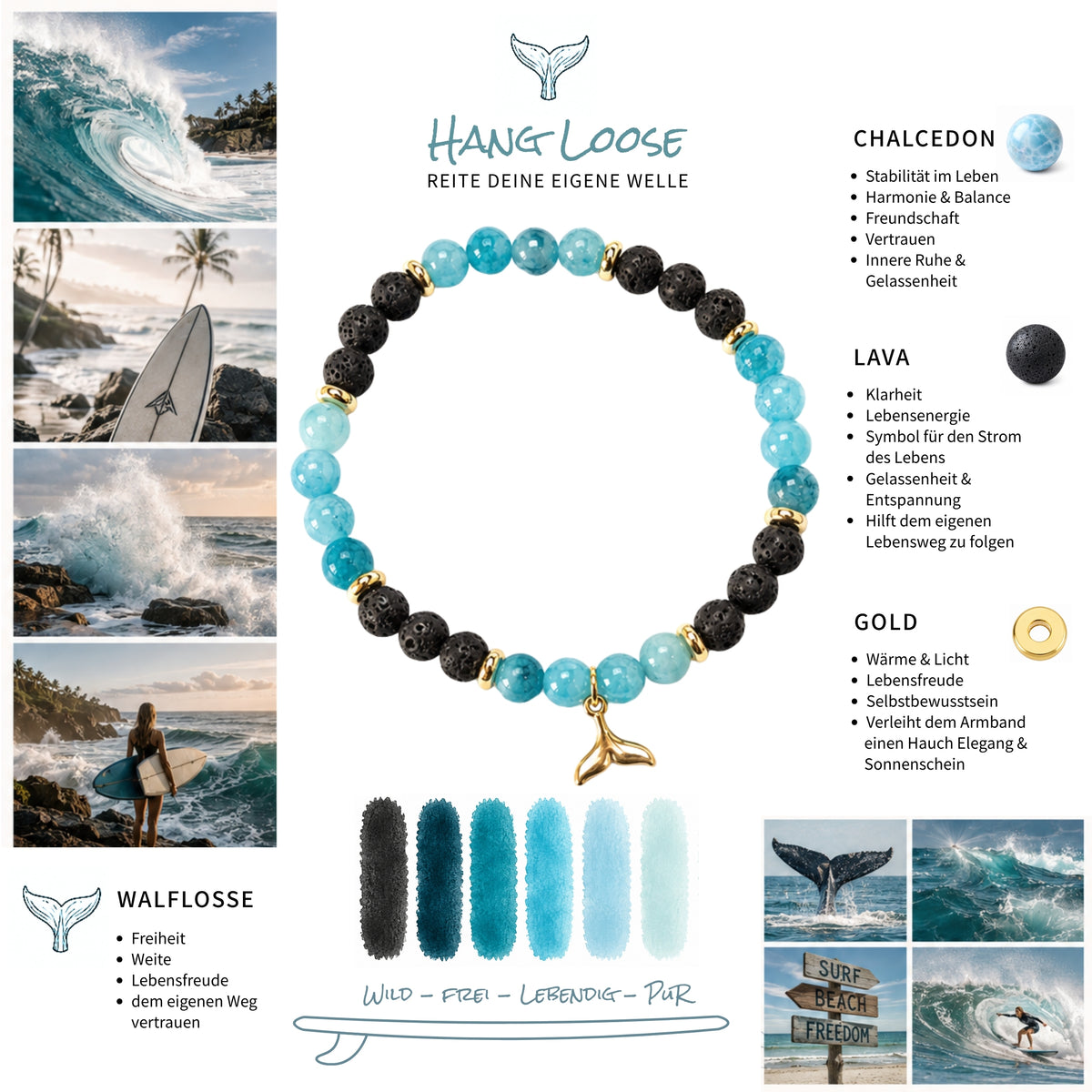 Moodboard zum Edelstein Armband "Hang Loose" mit Lava, Chalcedon und einer vergoldeten Walflosse als Anhänger. Dieses Armband symbolisiert wilde Wellen, sonnenwarme Haut und schreit nach "Mach dich locker und reite deine eigene Welle". Sei wild und frei - du musst heute nicht wissen, was morgen kommt. 