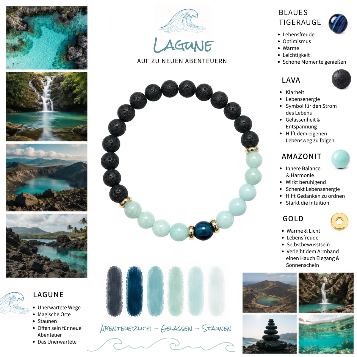 Moodboard zum Edelsteinarmband "Lagunge" von Moos und Meer: Edelstein Armband "Vulkansee" mit Lava, Amazonit, blauem Tigerauge und vergoldeten Elementen. 