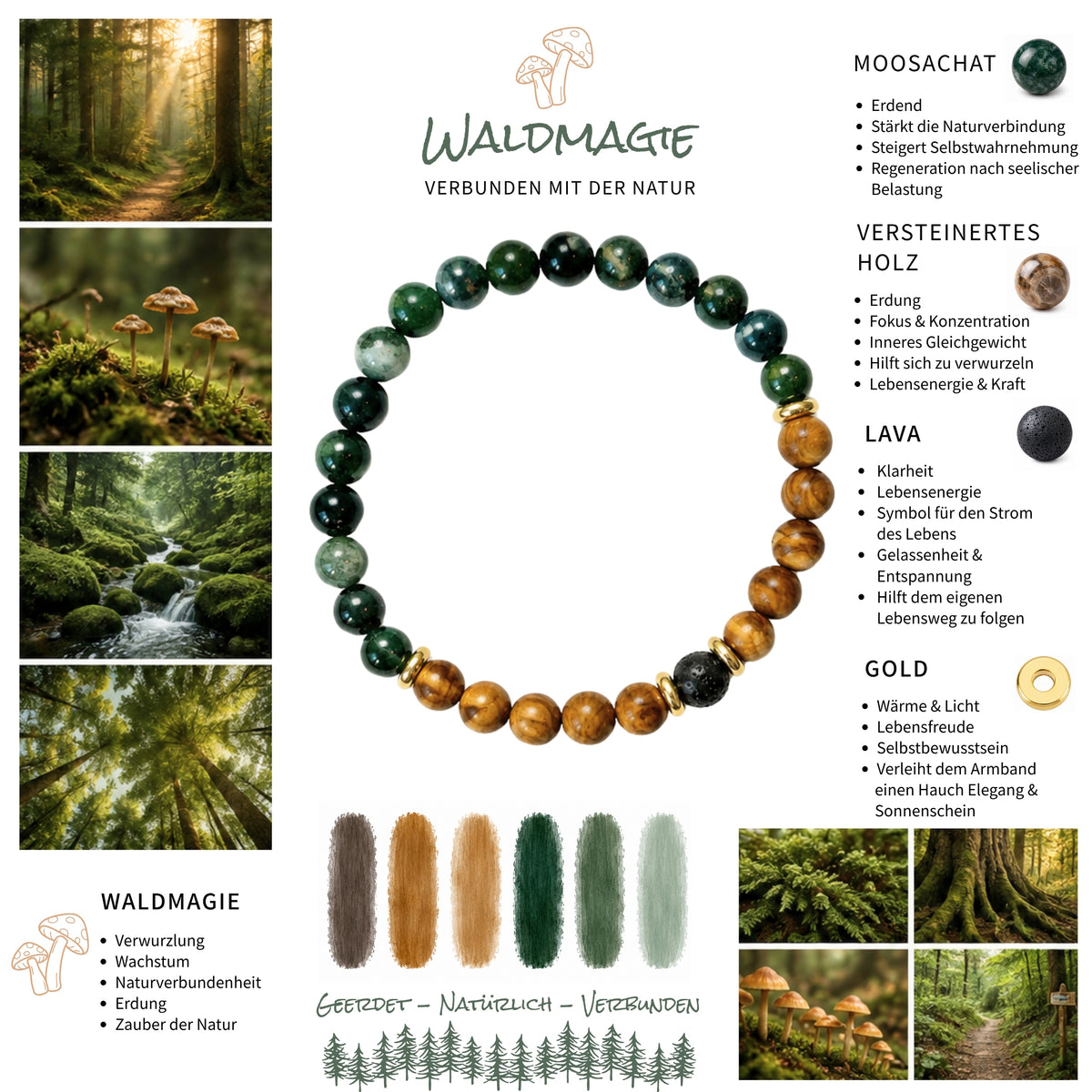 Moodboard: Edelsteinarmband "Waldmagie" von Moos und Meer. Handgemachtes Armband aus Moosachat, versteinertem Holz und Lava, mit vergoldeten Elemente 
