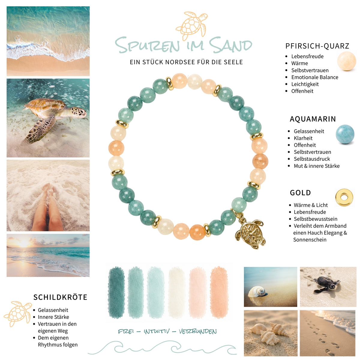 Moosboard zu meinem Edelsteinarmband "Spuren im Sand" mit Aquamarin, Pfirsichquarz (Peach Quartz) und einem vergoldeten Schildkröten-Anhänger sowie vergoldeten Elementen. Ein Hauch Meer für dein Handgelenk.