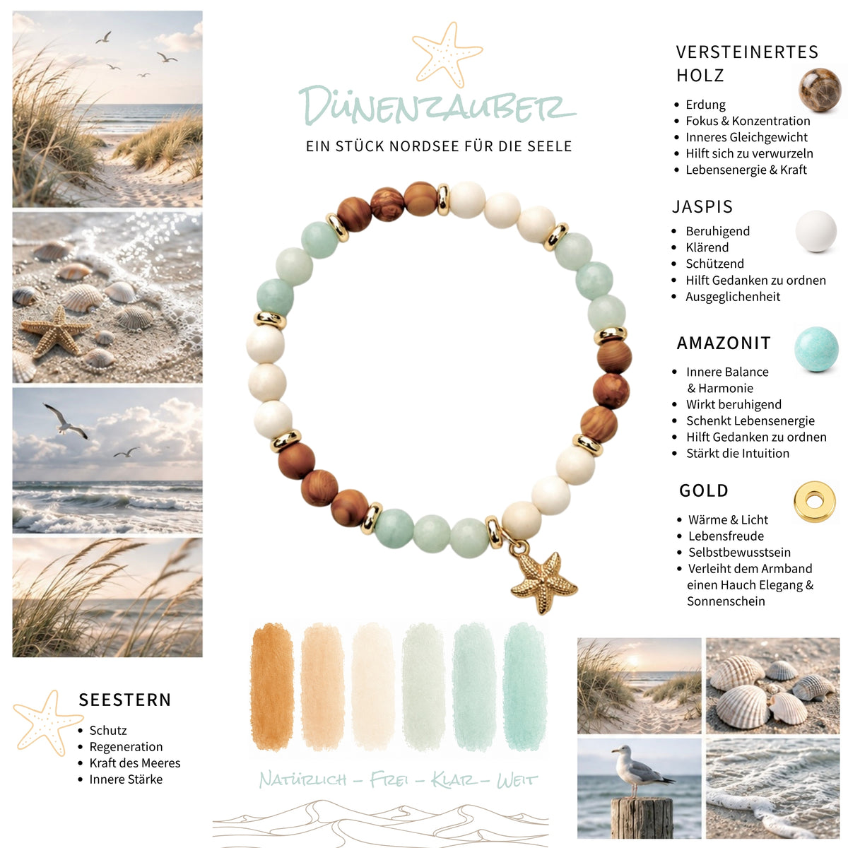 Moosboard für mein Edelsteinarmband "Dünenzauber" mit weißem Jaspis, versteinertem fossilen Holz, Amazonit und einem vergoldeten Seestern-Anhänger sowie vergoldeten Elementen. Ein Hauch Nordsee für dein Handgelenk. 