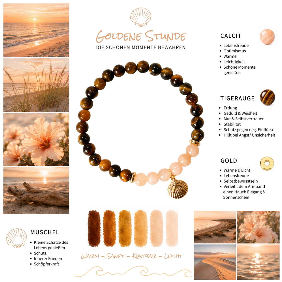 Moodboard zum Edelsteinarmband "Goldene Stunde". Das Armband mit braunem Tigerauge und Calcit sowie vergoldeten Elementen und einem vergoldeten Muschel-Anhänger. 
