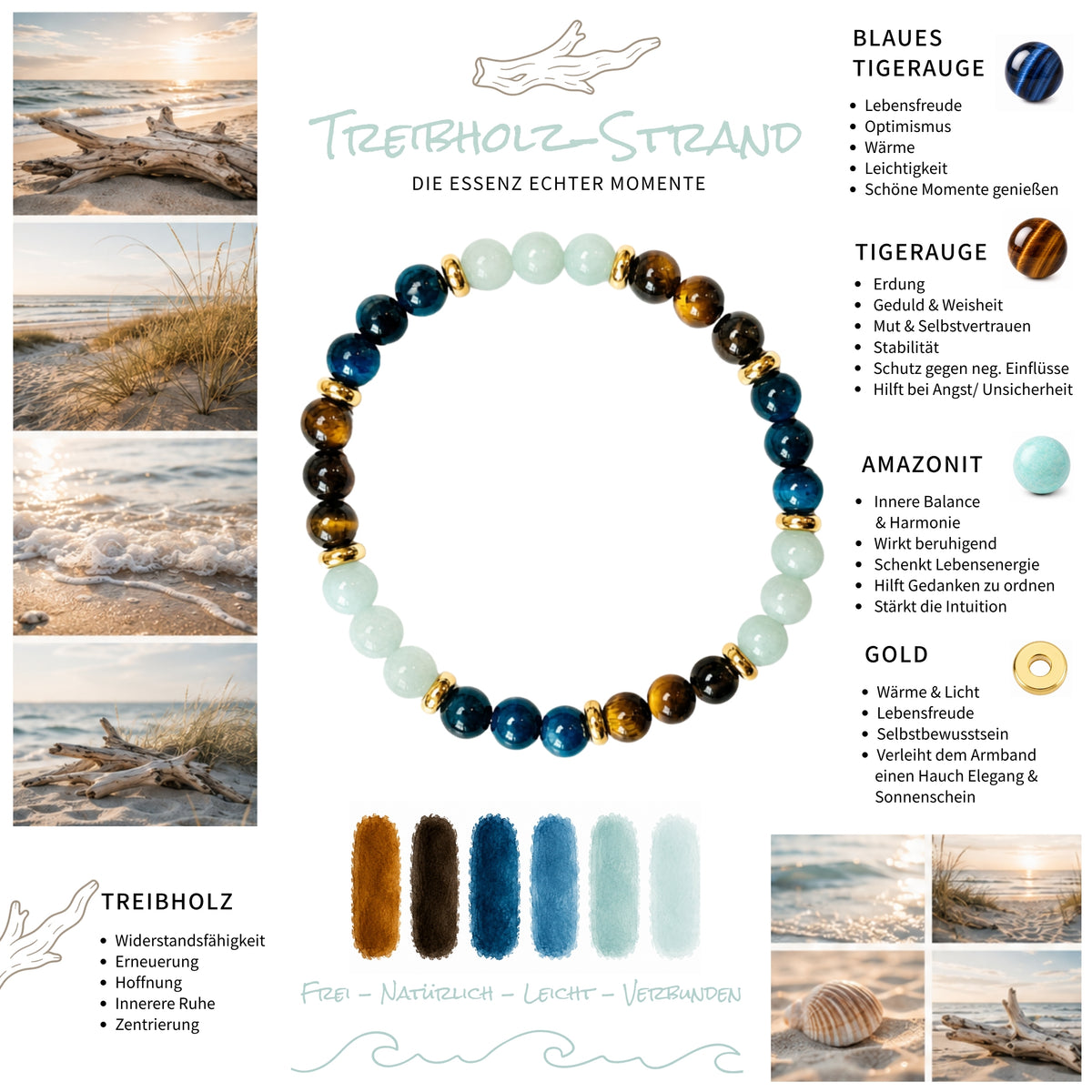 Moodboard zum Edelsteinarmband mit blauem Tigerauge (Falkenauge), braunem Tigerauge, Amazonit und vergoldeten Elementen. Wie ein Tag am Meer, der dir Ruhe im Kopf schenkt. 