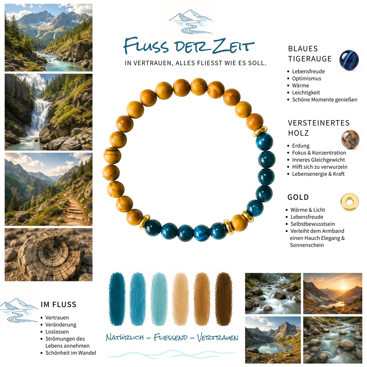 Moodboard zum Edelsteinarmband "Fluss der Zeit" mit blauem Tigerauge und versteinertem, fossilen Holz sowie vergoldeten Elementen. 