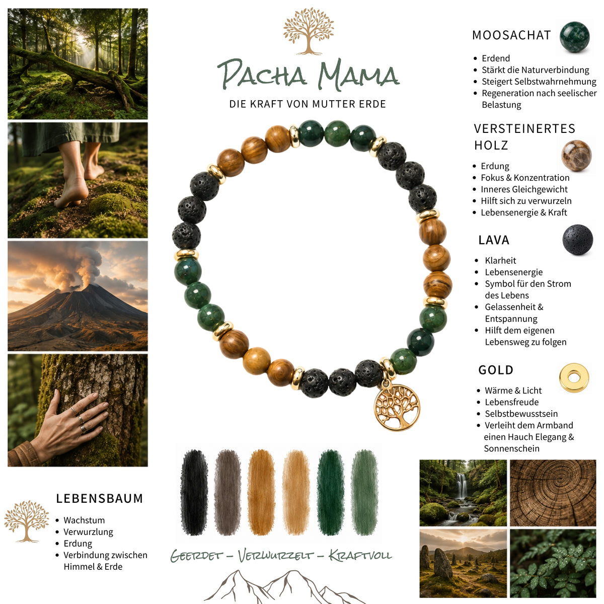 Moodboard zum Edelstein-Armband "Pacha Mama" : Armband mit versteinertem Holz, Moosachat, Lava und einem vergoldetem Lebensbaum-Anhänger. Das Armband erinnert an einen Wald, voller Magie und wirkt erdend. 