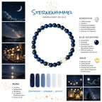 Moodboard zum Edelsteinarmband "Sternenhimmel" mit blauem Sandstein (Blue Goldstone/ Glimmer) und einer Perle aus Mondstein sowie vergoldeten Elementen. 