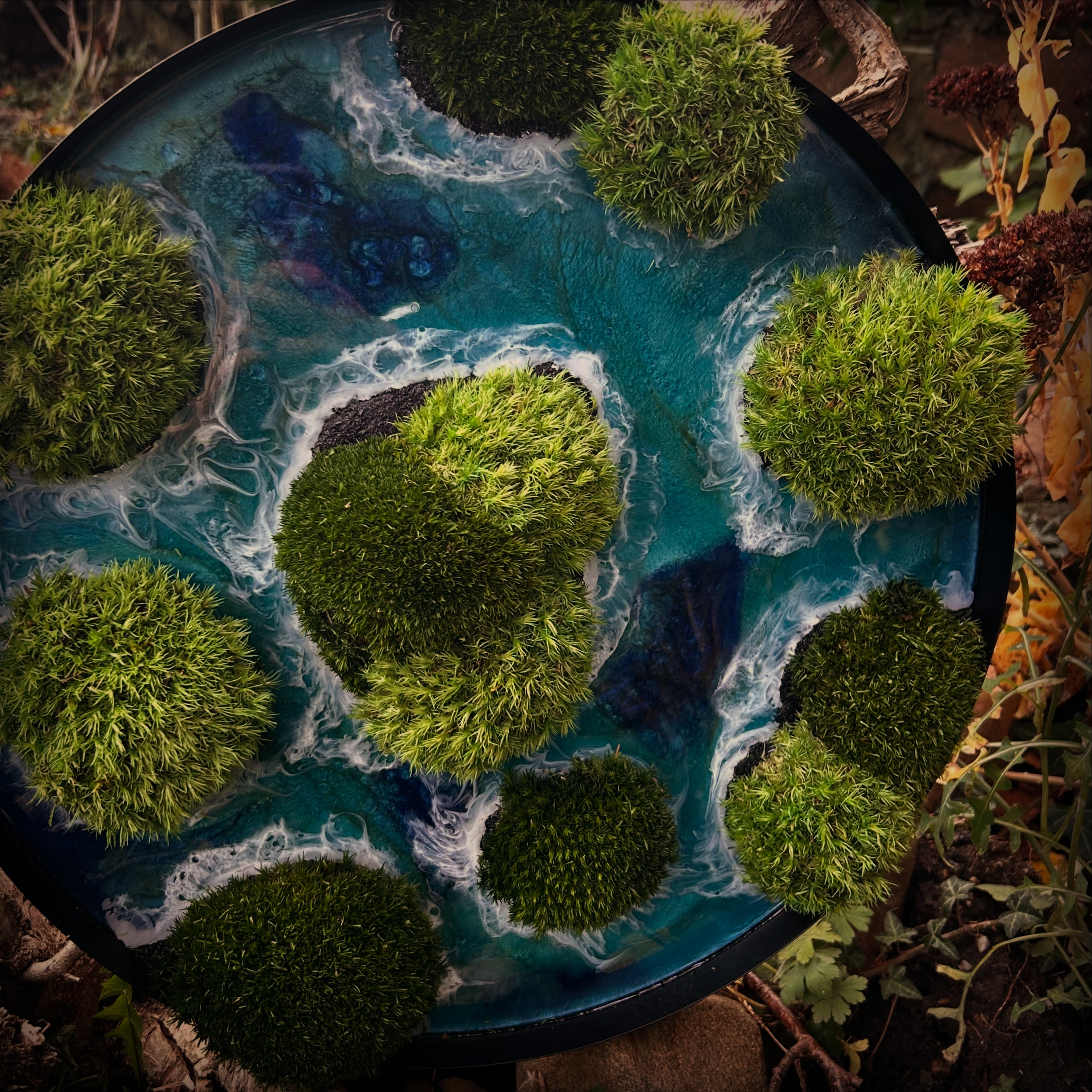 Moosbild mit Inseln und einem Meer aus Resin. Die Inseln haben einen schwarzen Strand und sind bewachsen mit Kugelmoos. 