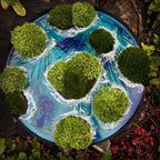 Handgefertigtes Moos- & Meerbild mit moosbewachsenen Inseln im türkisblauen Meer. Naturkunst inspiriert von tropischen Inselgruppen, Ruhe, Weite und biophilem Design.