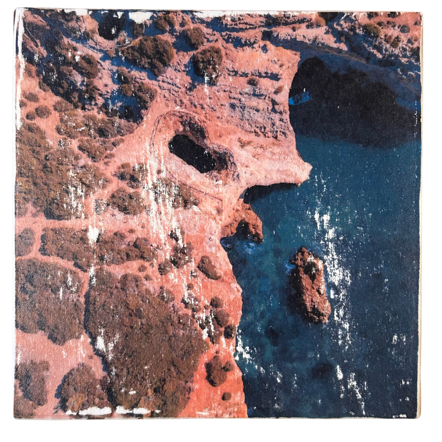 Holzbild "Felsenküste" - 15x15cm | Handgemachter Foto-Transfer auf Holz